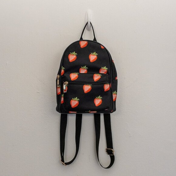 Like Dreams Mini Backpack Purse Black Strawberry Print Gold Zip Pockets - Picture 1 of 4